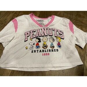 PEANUTS Crop Top Shirt Womens XXL 2023 Pink White Snoopy Charlie Brown